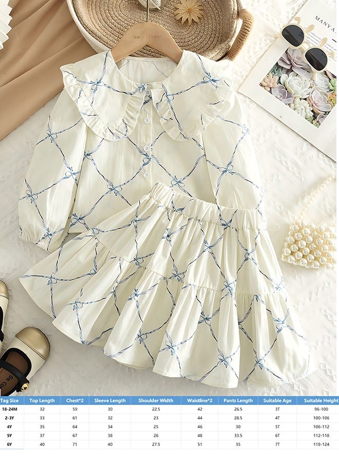 insular 2-Piece Girls Set, Long Sleeve Smock Collar Top and Bow Print Skirt Outfit, Kids Boutique Style Fashion for Spring and Autumn, Sweet Toddler Girl Party or Casual Wear, White - Image 2